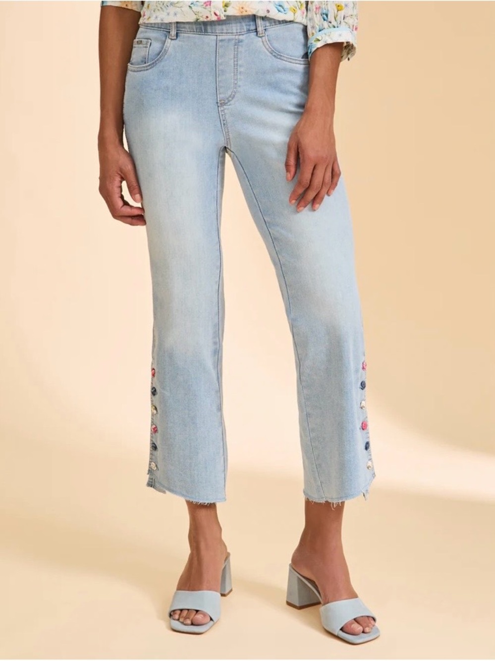 New Pull-On Boot Crop Denim, Blue Eclipse Button detail raw edge hem